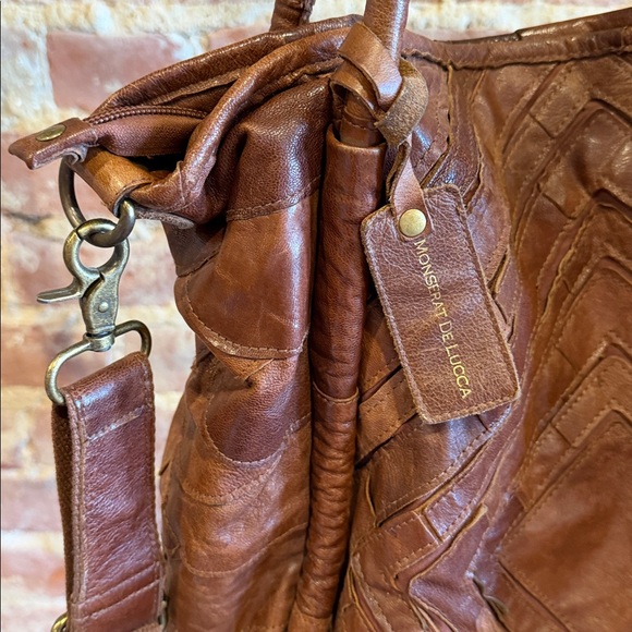 Monserat de Lucca Benecio XL Leather Strip Design Tote Bag Double Rolled Handles - Picture 3 of 8